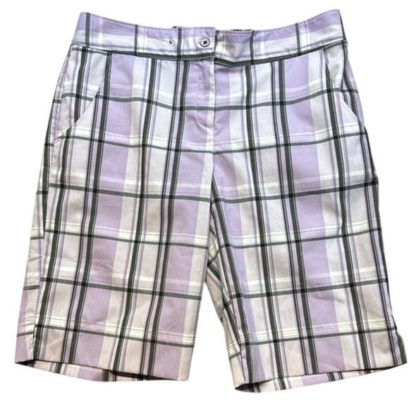 Women's IZOD Purple White Black Plaid Golf Beach Boating Bermuda Shorts Size 10 - Picture 1 of 10